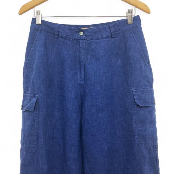 Kate Hill Cargo Pants Size 6 Navy Blue 100% Linen Wide Leg Utility Pockets - Picture 4 of 11